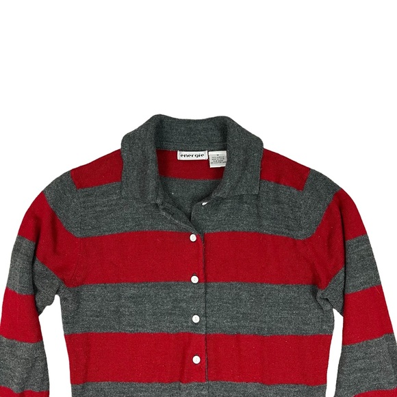 Vtg 90s Striped Henley Knit Collared Red Gray Preppy Grunge Sz M - Picture 2 of 3